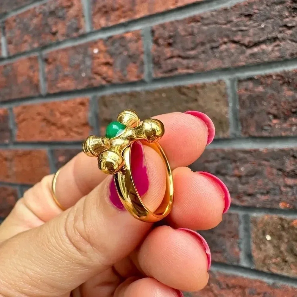 Anthropologie Taya Green Onyx 18K Gold Stainless Steel Waterproof 7 size Ring